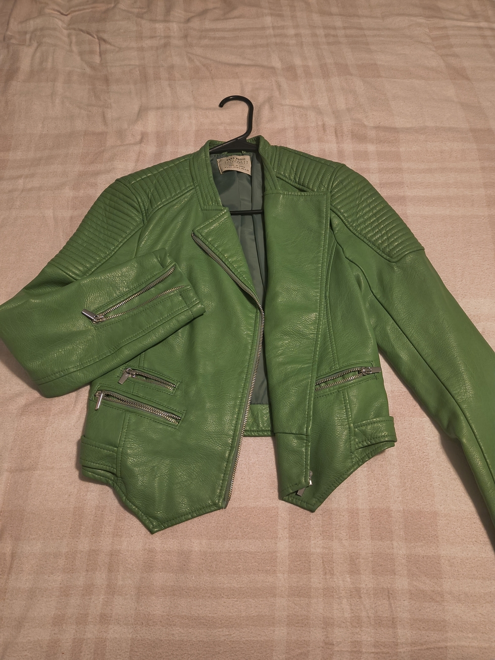 Zara Green Faux Leather Moto Jacket with Quilted Shoulders